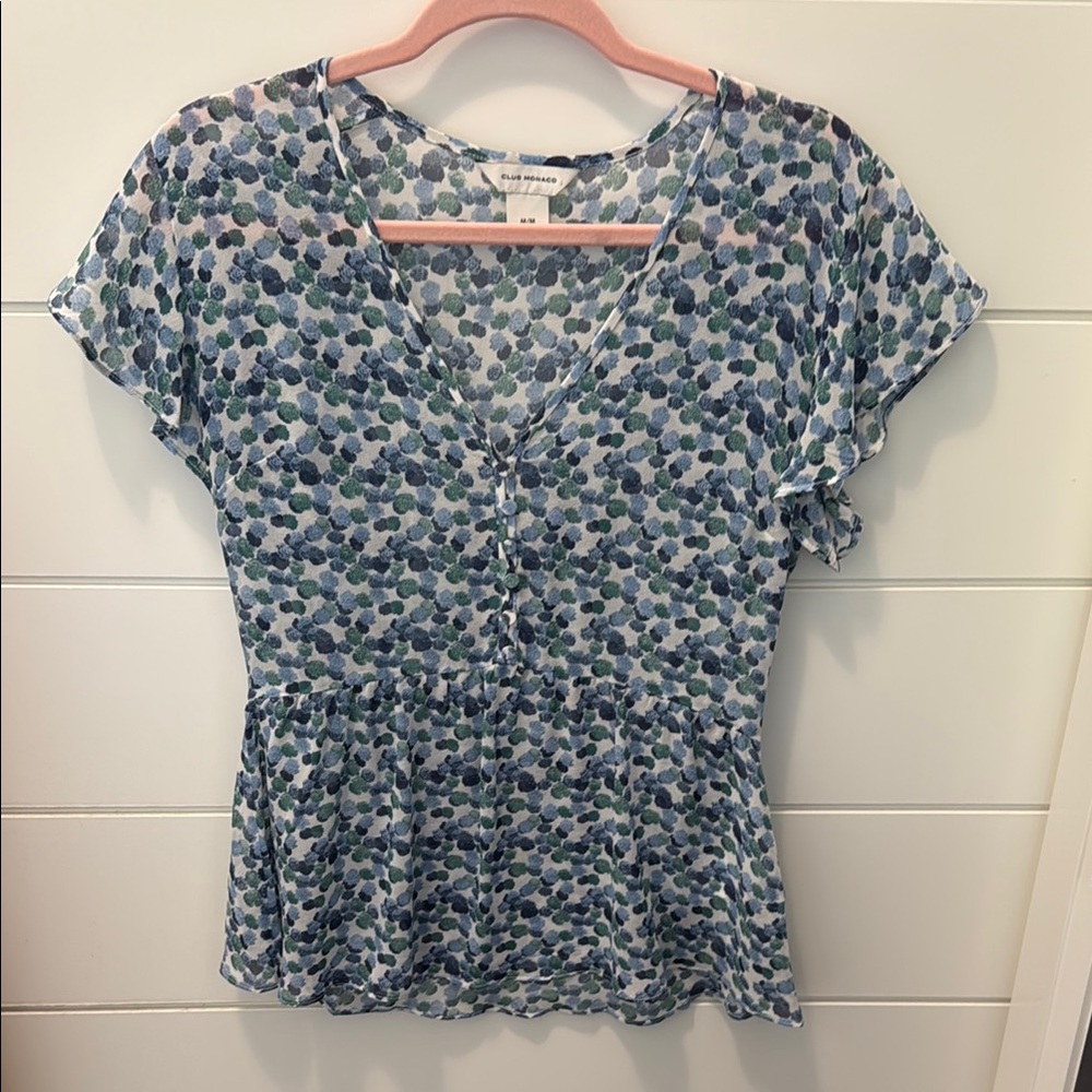 Club Monaco Blue and White Smocked Flutter Sleeve Blouse